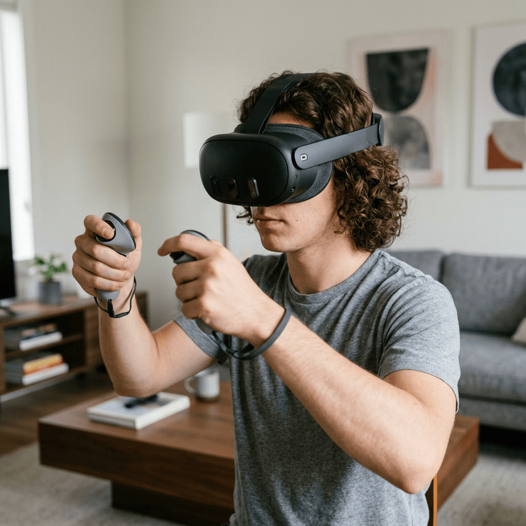 Person wearing a virtual reality headset and holding two controllers