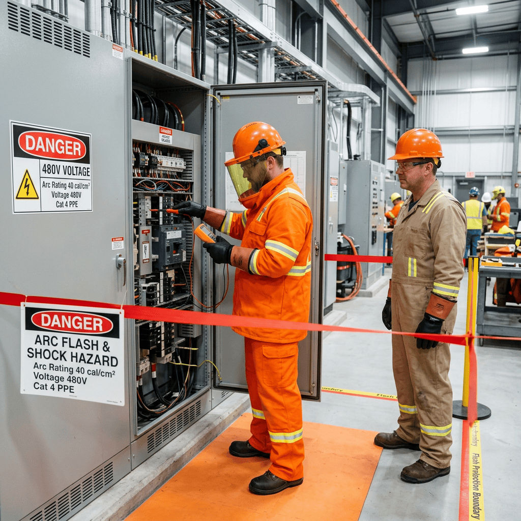 Two electricians in protective gear beside an open 480-volt electrical panel