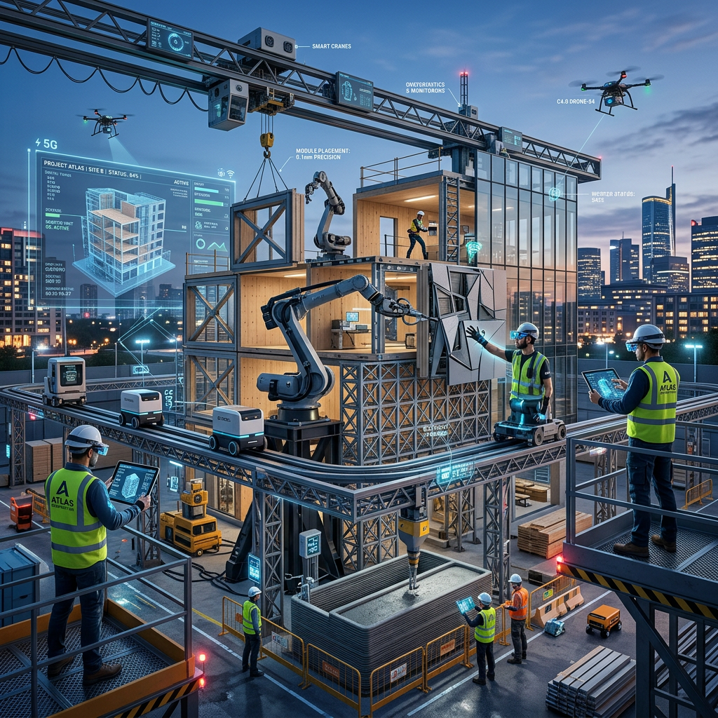 Smart construction site with workers, robots, drones, and digital overlays