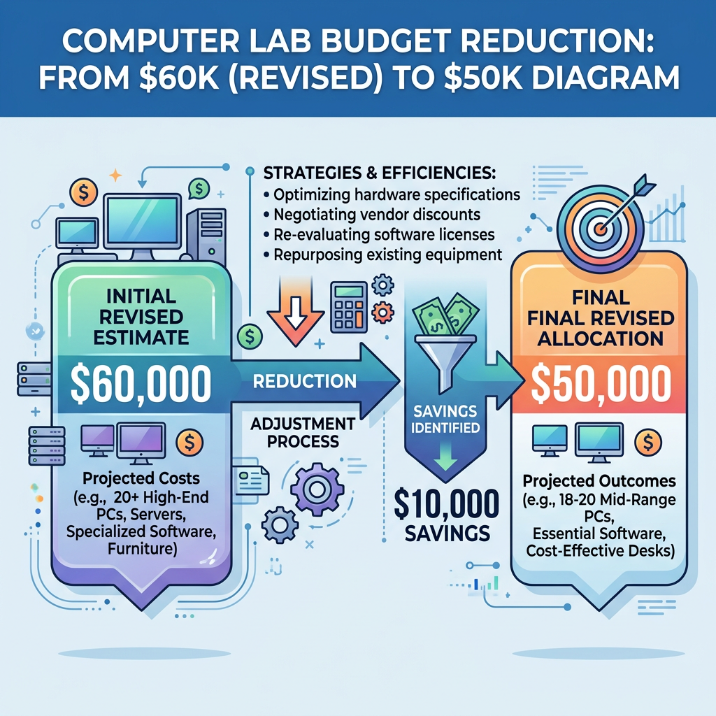 Computer lab budget reduction: $60K revised estimate reduced by $10K savings to $50K final allocation through hardware optimization, vendor discounts, software license review, and equipment repurposing; projected costs include 20+ high-end PCs, servers, specialized software, and furniture, while projected outcomes include 18–20 mid-range PCs, essential software, and cost-effective desks.